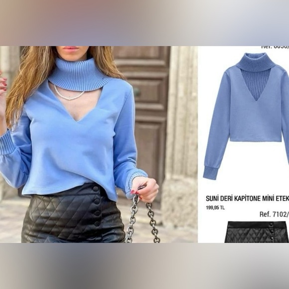 NWOT Zara Light Blue Knit Sweater Turtleneck 100%Cotton - Picture 1 of 11